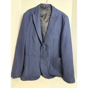 Zara Man Navy Blue Textured Blazer Jacket USA 44 Slim Fit Two Button Sport Coat